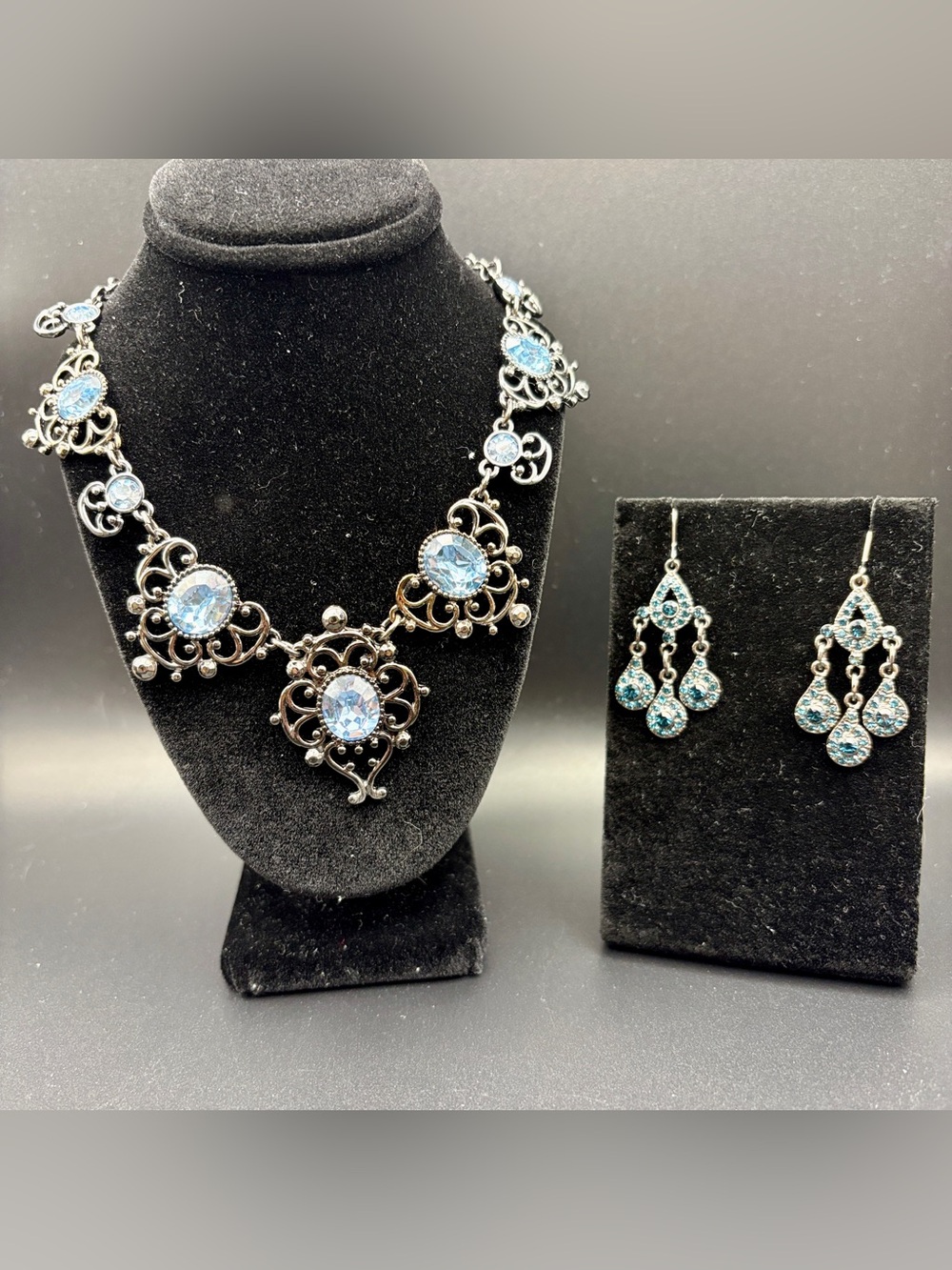 Blue Crystal Filigree Statement Necklace and Earrings Set